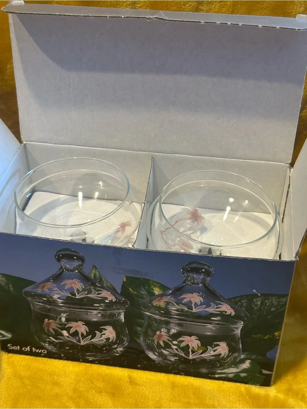 VTG Pasabahcee Turkey Set of 2 Glass Candy Dish Jar Lotus Flower Lid NIB Vanity